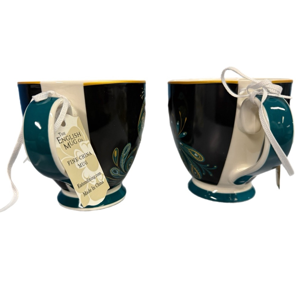 Peacock Pattern Teal and Gold Ceramic Mugs - Set of 2 - Picture 2 of 4